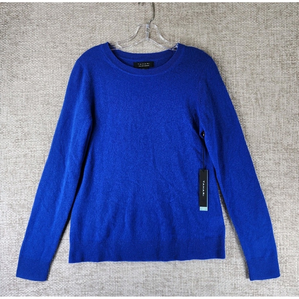 Tahari 100% 2-Ply Cashmere Sweater Womens M Blue Classic Pullover NWT